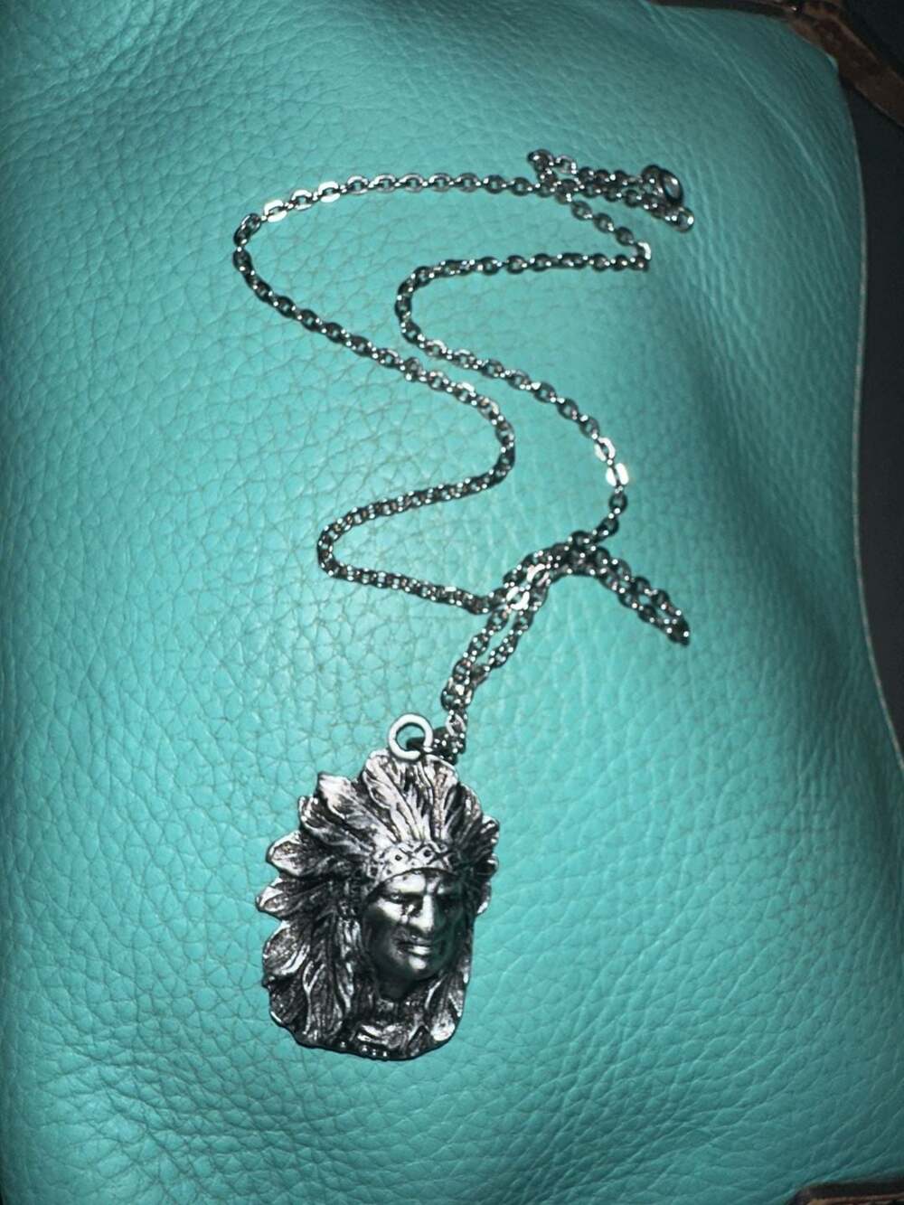 Vintage Oxidized Silver Tone Native American Chief Head Pendant Necklace